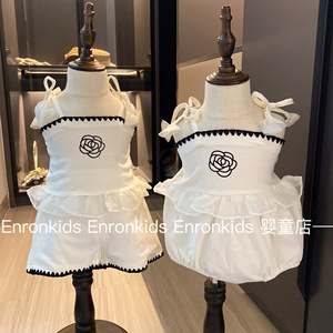 韩国女宝宝夏季套装小香风山茶花吊带包屁衣短裤两件套婴儿气质潮