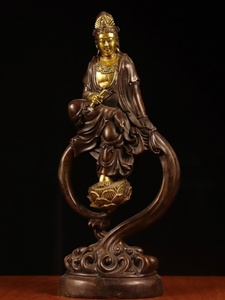 精品红铜鎏金自在观音仿古铜器观音菩萨佛像家居玄关装饰工艺摆件