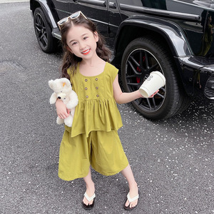 韩版小女孩棉布背心套装夏季新款纯色无袖上衣阔腿裤时髦两件套潮