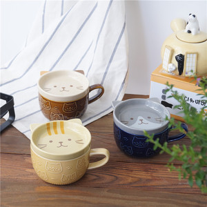 树下盒 日本hapi猫咪马克杯带盖 软萌小猫咖啡杯早餐牛奶杯水杯