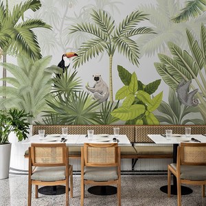 东南亚芭蕉叶墙纸动物背景墙布热带雨林壁纸森林绿植餐厅酒店壁画
