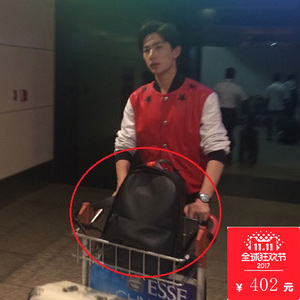 2017黑色双肩包男士潮流明星同款书包牛皮男