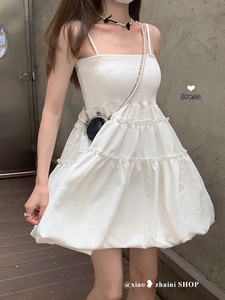 法式白色掐腰吊带连衣裙女夏季2024年新款裙子高腰显瘦a字裙短裙