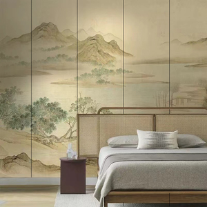 新中式刺绣山水硬包背景墙立体浮雕客厅电视沙发床头皮革靠背软包