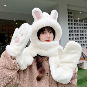 小兔子大耳朵帽子成人围巾手套三件套女冬季韩版百搭一体可爱毛绒
