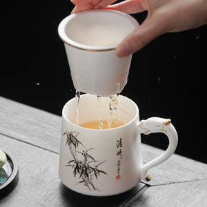 羊脂玉瓷手绘墨竹茶水分离杯带盖个人泡茶杯可定制马克杯送礼佳品