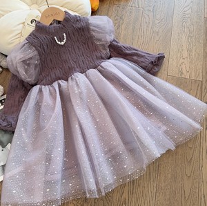 女童连衣裙2023冬装新款紫色加绒气质拼接网纱裙子宝宝洋气公主裙