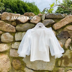 JAMIYA韩国版品牌童女童春秋白色打底衫长袖t恤女孩纱袖仙女上衣