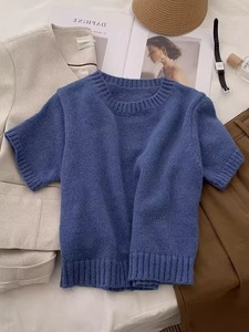 韩国东大门圆领套头短袖蓝色毛衣女春夏季新品薄款复古日系针织衫