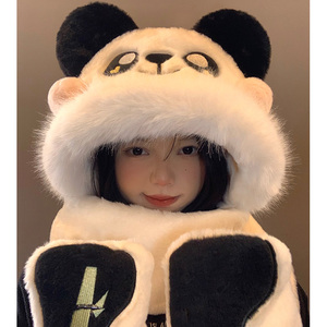 熊猫毛绒帽子围巾一体女冬季韩版骑车可爱加厚保暖围脖手套三件套