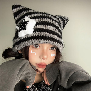 亚比风猫咪耳朵帽子女秋冬y2k条纹针织帽韩版可爱保暖套头毛线帽