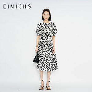 Eimich＇s/艾蜜雪2024年新款夏季女法式设计感黑白点时尚连衣裙女