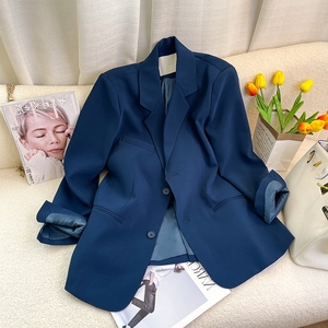 蓝色西装外套女装2024年新款春装韩版宽松单排扣高级感西服上衣潮