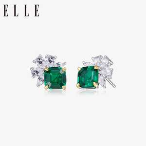 ELLE新潮复古祖母绿色宝石耳钉小众设计锆石耳环生日礼物送女友
