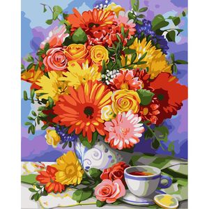DIY数字油画自己填色材料包欧式玻璃花瓶艺术插花盛开鲜花装饰画