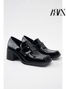 国内代购ZARA春季新款 女鞋 黑色漆皮休闲高跟船鞋 1203110 800