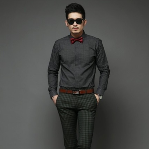 韩国代购上衣韩版商务绅士男士黑色圆点波点个性衣领长袖衬衫衬衣
