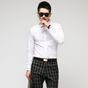 韩国代购 领子袖口拉链特色 简约纯色长袖衬衫男修身百搭时尚衬衣