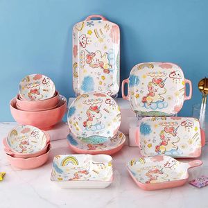 粉红独角兽陶瓷餐具创意可爱少女心卡通碗盘子网红碗碟子套装家用