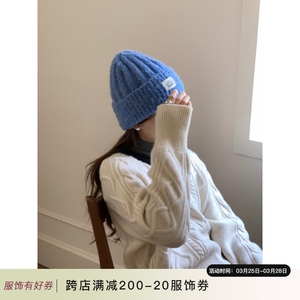 定制款~韩国蓝色针织毛线帽女冬季防寒保暖帽子显脸小百搭堆堆帽