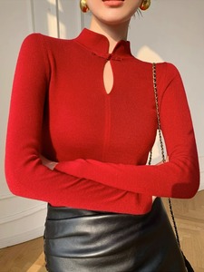 本命年红色半高领毛衣2024新款女春秋修身内搭中式上衣针织打底衫