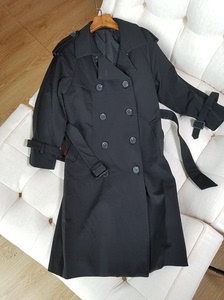 18新款经典黑色双排扣外贸原单剪标系带风衣 中长款女秋装显瘦