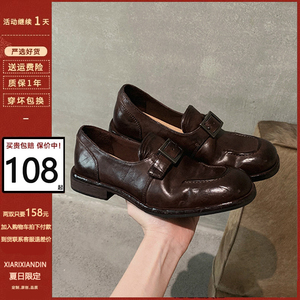 牛皮版~乌木棕现货首发34码乐福鞋女2024新款一脚蹬粗跟时髦单鞋