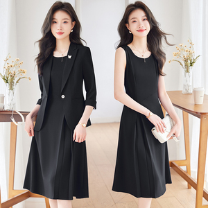 夏季薄款职业西装套装女2024新款高级感黑色西服外套连衣裙两件套