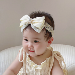 韩版公主蕾丝珍珠蝴蝶结发带婴儿满月百天宴头花宝宝弹力头带发饰