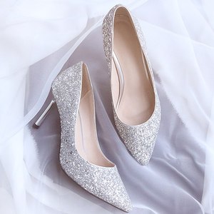 2021新款冬季高跟鞋结婚鞋子新娘鞋亮片水晶鞋细跟婚鞋女银色伴娘