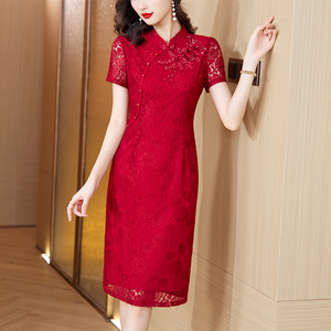 年轻妈妈夏装红色新中式蕾丝改良版旗袍连衣裙高贵洋气时尚女人味