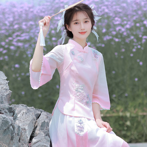汉服女中国风茶艺服装唐装女年轻款刺绣旗袍式上衣改良古风套装裙