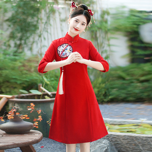 本命年女装秋冬改良红色旗袍小个子年轻款国风拜年服新中式连衣裙