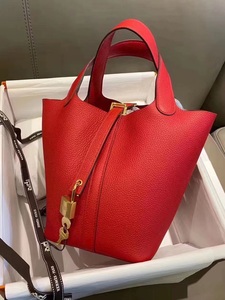 现货 正品Hermes picotin18 s3红色金扣小水桶银扣Z刻女士手提包