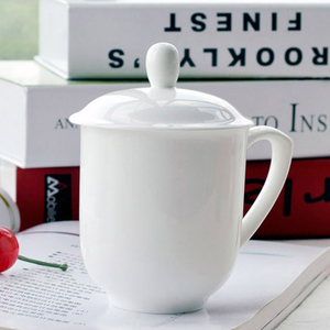 景德镇骨质瓷茶杯带盖水杯办公室会议个人杯 纯白陶瓷杯家用茶杯