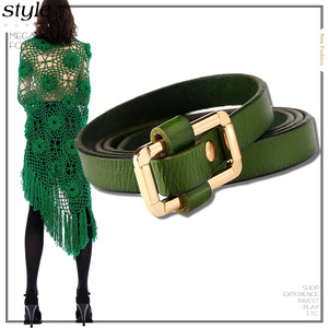 时尚潮女式配饰装饰腰带金属扣草木绿色二层牛皮细腰带真皮窄皮带