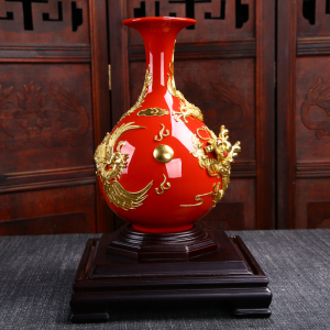 中国红玉壶春瓶漆线雕陶瓷结婚新婚礼物双龙戏珠开业礼品家居摆件
