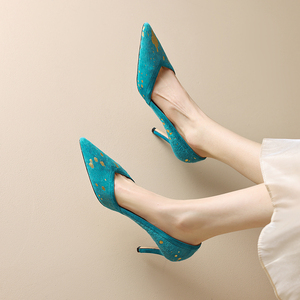 马毛尖头浅口鞋超高跟8.5cm蓝色单鞋春季新款性感细跟拼色女鞋子