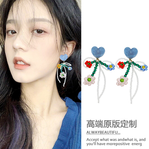韩国时尚串珠花朵水晶耳坠蓝色爱心长款耳环复古小众超仙夏季耳饰