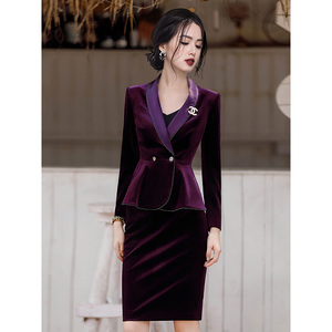鹿西紫色丝绒西装套装女秋冬休闲时尚气质职业OL西服半身裙两件套