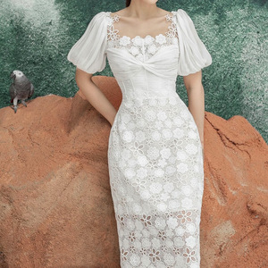 2024春夏装新款 水溶蕾丝镂空刺绣泡泡袖白色连衣裙 越南设计师