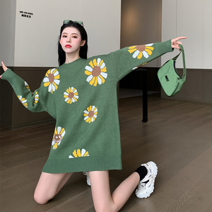 牛油果绿毛衣女装宽松韩版设计感外穿秋冬中长款上衣针织衫外套头
