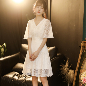 蕾丝小个子晚礼服女白色名媛平时可穿显瘦气质洋装日常连衣裙气质