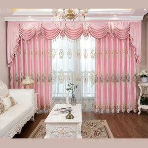 2022新款高档欧式客厅窗帘遮光成品粉色水波帘头现代卧室婚房定制