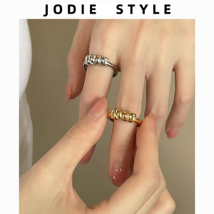 小众设计师钛钢镀18K金保色戒指女百搭韩国金银质感麻花打结指环