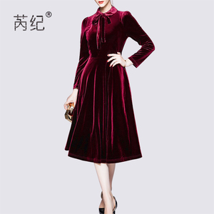 芮纪高贵典雅红色丝绒长裙2023新款秋冬小众设计蝴蝶结系带连衣裙