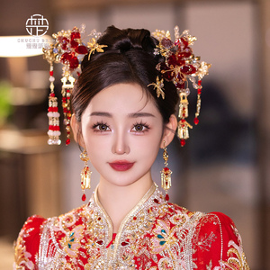 新款新娘新中式复古秀禾红色造液花头饰套装古装汉服晨袍花朵发簪
