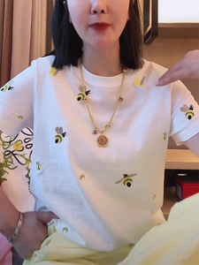 小蜜蜂刺绣短袖T恤女2024新款夏季欧货重工时尚百搭圆领体恤上衣