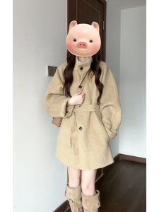 Lune韩版立领呢子纯色大衣女秋冬季小个子气质中长款加厚毛呢外套