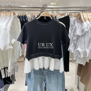 UR UX女装2023夏季时尚撞色拼接百褶圆领针织T恤衫上衣